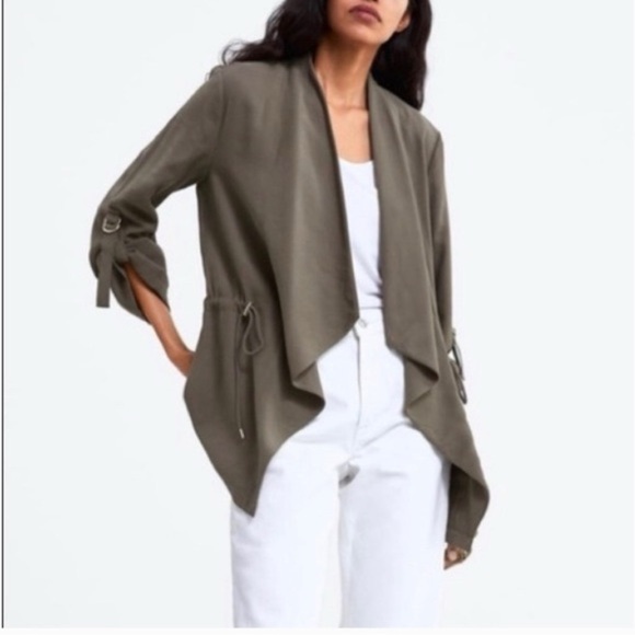 Zara Women's Olive Green Waterfall Open Front Draped Jacket Blazer Size Small - Picture 3 of 16